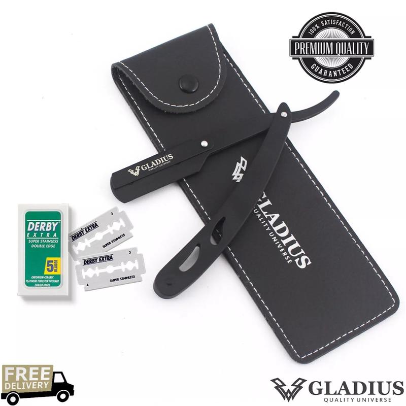 Premium Barber Razor with 5 Free Double Edge Derby Blades & Leather Pouch Steel Stainless