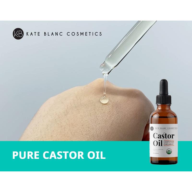 Kate Blanc Cosmetics Castor Oil Organic (2Oz), 100% Pure, Cold Pressed, Hexane Free. Stimulate Growth for Hair, Eyelashes, Eyebrows. Hair Treatment Starter Kit & Skin Moisturizer Kate Blanc Cosmetics