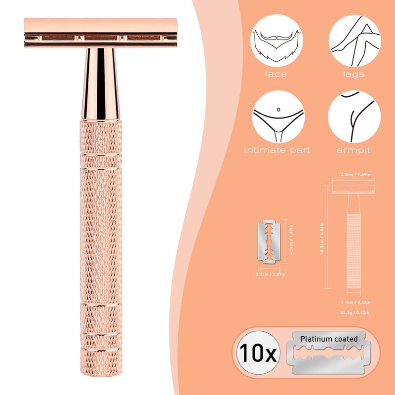 Double Edge Safety Razor with Replacement Blades, 1 Count Reusable Razor with 10 Blades for Men & Women, Shaving Tool for Home and Travel