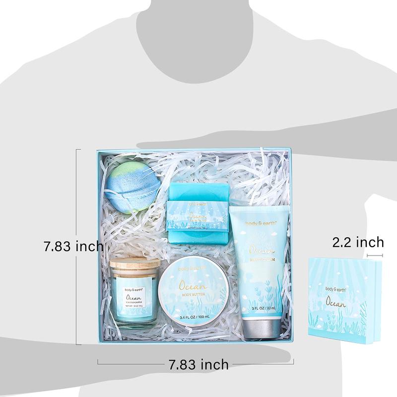 Bath and Body Gift Set for Women with 5 Pcs Ocean Scented Spa Gifts for Women, Bath Sets Includes Scented Candle, Body Butter, Hand Cream, Bath Bomb, Easter Birthday Mother's day Gifts for Women