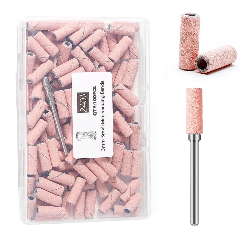 100pcs Nail Drill Bits Small Sanding Bands with 3.1mm Mandrel Bit, 240 Extra Fine Grit Nail File Sanding Bands for Acrylic Nails Gel Removing Shaping Manicures and Pedicure (Pink, 120|180|240 Grit)