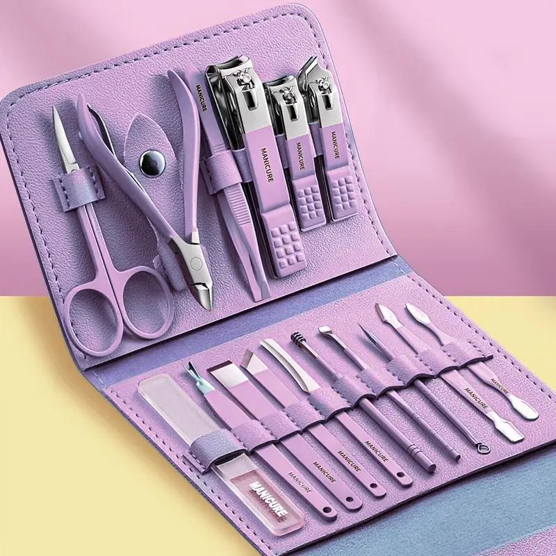 Professional Comfort Nails Care Nail Art Manicure Set, 1 Set Stainless Steel Full Function Pedicure Cutics Kit with Leather Case, Summer Gift, Christmas Gift