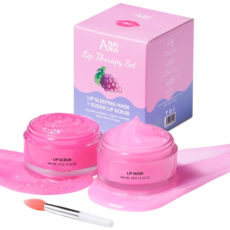 ANAiRUi Bakuchiol+Grape Lip Care Kit - Overnight Moisturizing Lip Sleeping Mask & Lip Sugar Scrub, Glossy Lip Blam for Hydrating, Lipcare Skincare Set