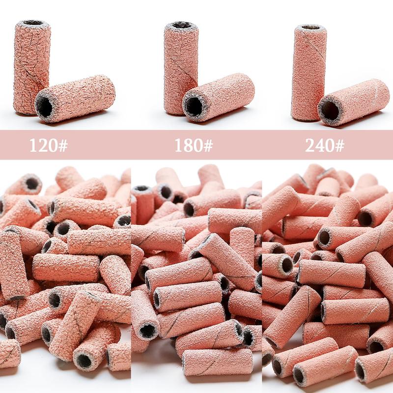 100pcs Nail Drill Bits Small Sanding Bands with 3.1mm Mandrel Bit, 240 Extra Fine Grit Nail File Sanding Bands for Acrylic Nails Gel Removing Shaping Manicures and Pedicure (Pink, 120|180|240 Grit)