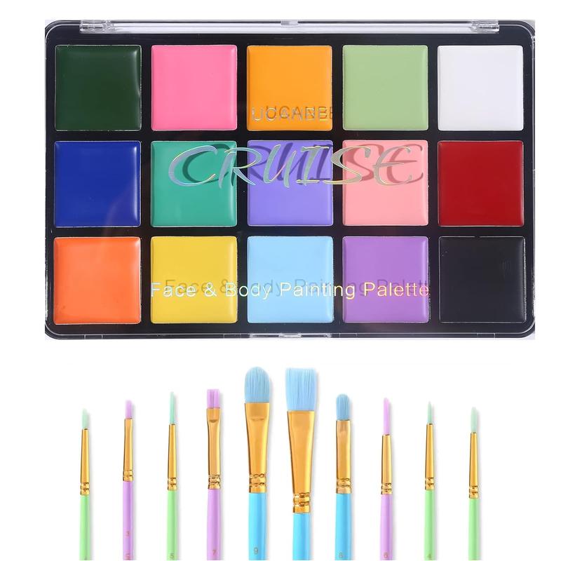 UCANBE Face and Body Paint Set, 15-Color Palette Makeup Kit with 10 Colorful Artist Brushes, Oil-Based Paint for Halloween, Cosplay, Parties, and SFX Costumes