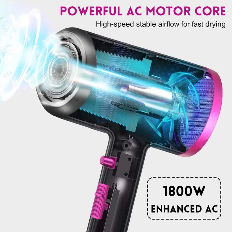 Professional Ionic Hair Dryer - 1800W Power, Fast Drying, Low Noise, with 2 Concentrator Nozzles and 1 Diffuser Attachments