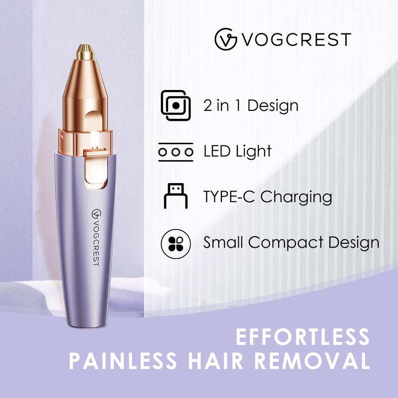 VG VOGCREST 2in1 Rechargeable Eyebrow Trimmer & Facial Hair Remover with LED Light - Painless Precision Shaver for Face, Lips, and Body - Comfort