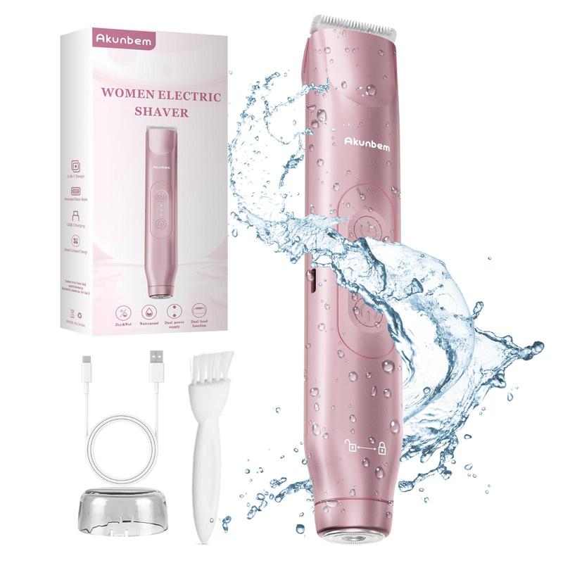 Bikini Trimmer for Women, Akunbem Electric Shaver and Razor Rechargeable 2-in-1 Body and Facial Hair Removal Double Head for Painless Trimming of Pubic Face Underarm Legs, IPX7 Waterproof, pink