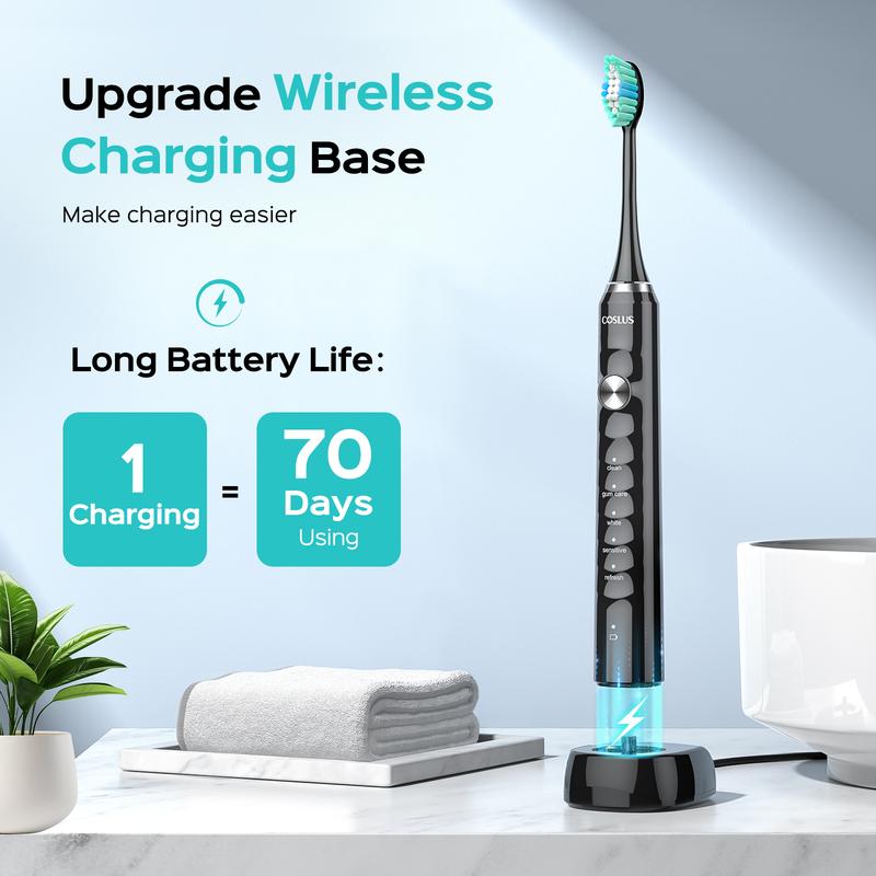 COSLUS Electric Toothbrush with 6 Replacement Brush Heads, 47,000 VPM, 10x Cleaning Power, Wireless Inductive Charging Stand, IPX7 Waterproof, Includes Mini Travel Case for Easy Travel, Suitable for Whole Family Use