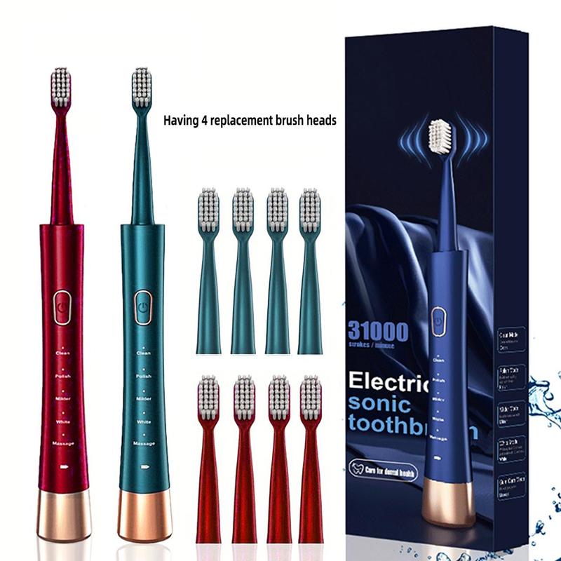 USB Rechargeable Electric Toothbrush, 1 Set 5 Modes Electric Toothbrush & 4 Counts Replacement Brush Heads, Oral Care Tool for Women and Men, Christmas, Fall, Winter Gift, Christmas Gift