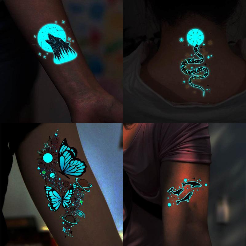 Christmas Glow in the Dark Temporary Tattoo Sticker, 12pcs set Butterfly & Snake & Moon & Deer Pattern Fake Tattoo Sticker, Body Art Decoration for Women & Men