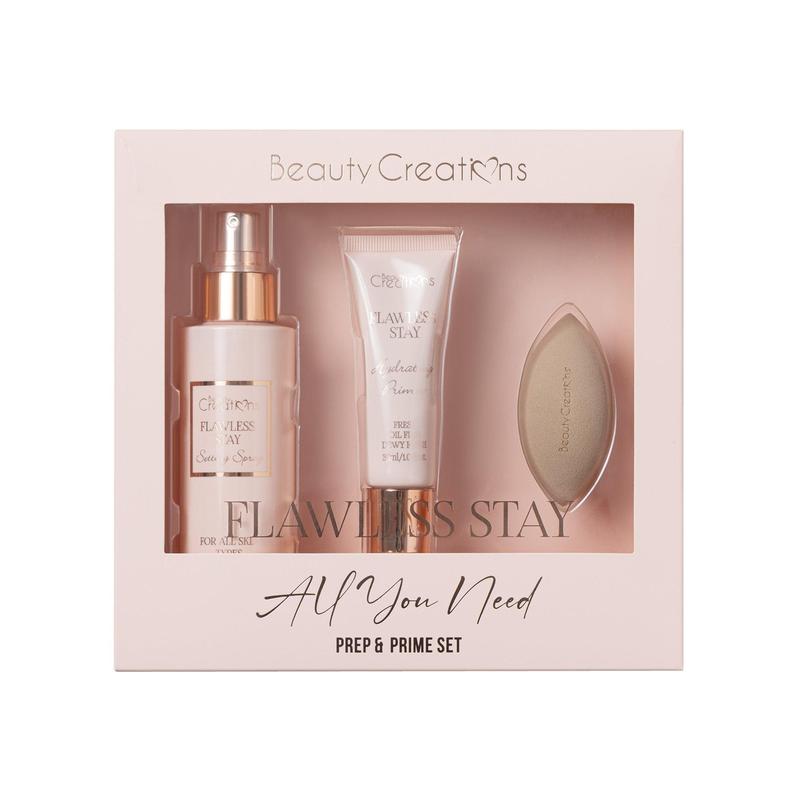 Beauty Creations Flawless Stay All You Need Prep & Prime Set with Setting Spray, Primer & Blending Sponge for Makeup Application