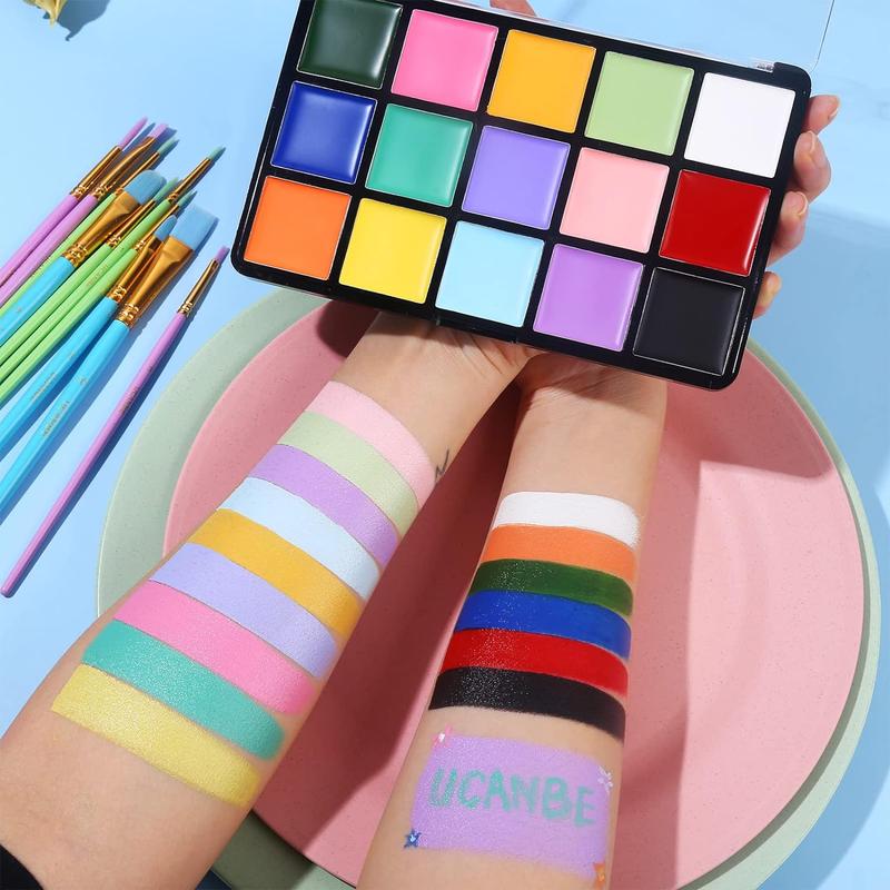 UCANBE Face and Body Paint Set, 15-Color Palette Makeup Kit with 10 Colorful Artist Brushes, Oil-Based Paint for Halloween, Cosplay, Parties, and SFX Costumes