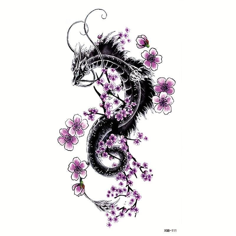 Creative Dragon & Flower Pattern Temporary Tattoo Sticker, 1 Count Waterproof Temporary Tattoo, Body Art Decoration for Adults