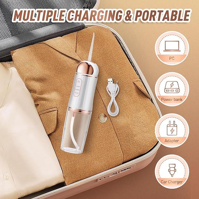 ETHME Portable Water Dental Flosser Water Flosser Cordless Teeth Cleanser Water Dental Flosser with 3 Modes 4 Jets Rechargeable Dental Oral Irrigator for Home Travel for Travel (White)