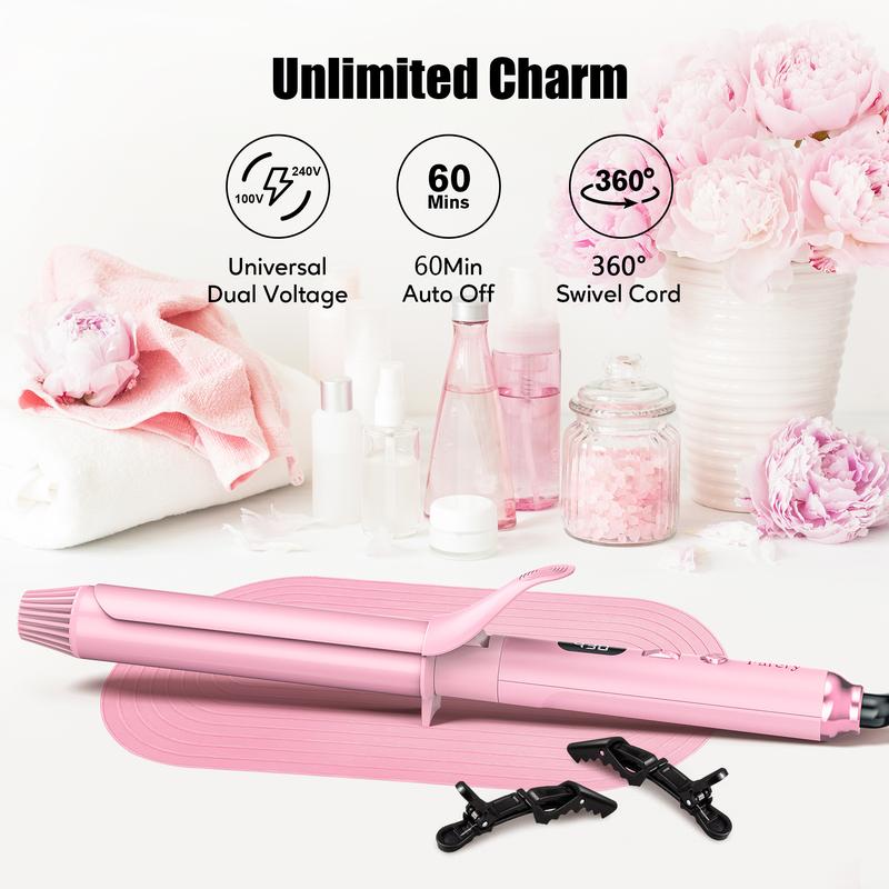 FARERY Long Barrel Curling Iron, 11 Adjustable Temp, Include Clips & Silicone Pad, Sakura Pink