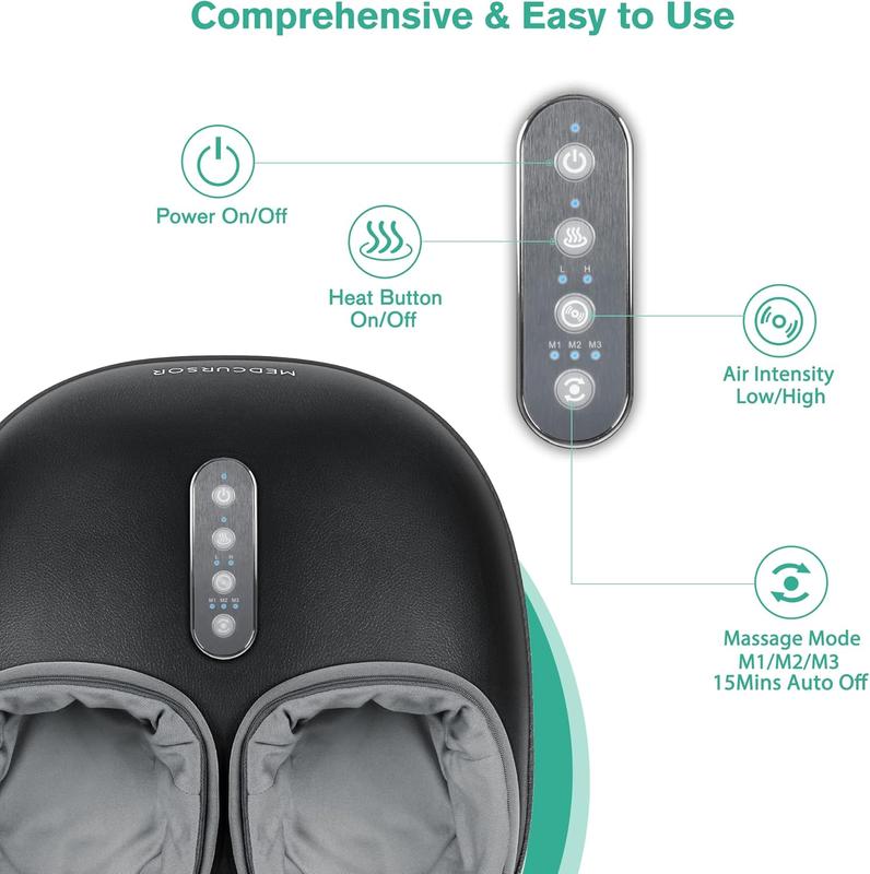 Electric Shiatsu Foot Massager Machine with Soothing Heat, Deep Kneading Therapy for Foot Pain and Circulation, Multi-Level Settings & Air Compression, for Home or Office Use (Renewed)