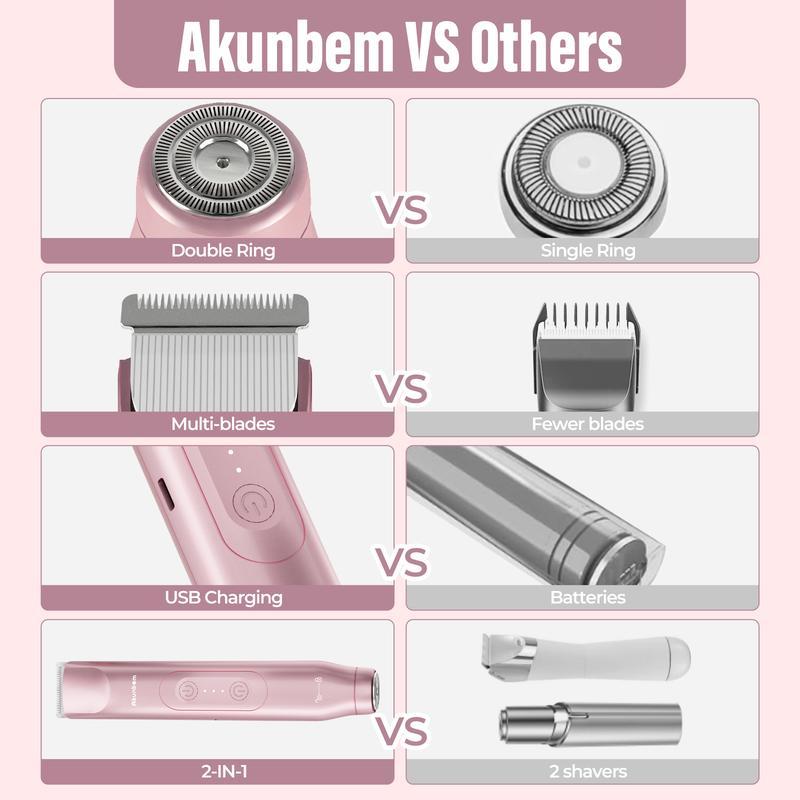 Akunbem Bikini Trimmer for Women, Electric Shaver and Razor Rechargeable 2-in-1 Body and Facial Epilator, Dual Heads for Painless Trimming of Pubic Hair, Face, Underarms and Legs, IPX7 Waterproof. Christmas Gift New Year Gift