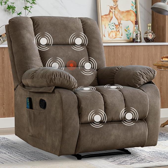 EBELLO Overstuffed Massage Recliner with Heat and Vibration, Soft Fabric Manual Reclining Chairs with Side Pocket for Living Room