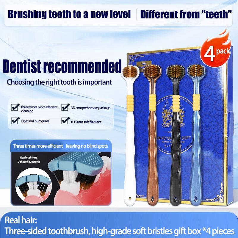 4-pcs  3-Sided Toothbrush Gift Set, Soft and Gentle, cleans teeth and gums, cleans the tongue, deeply cleanses the oral cavity, perfect gift,Comfort