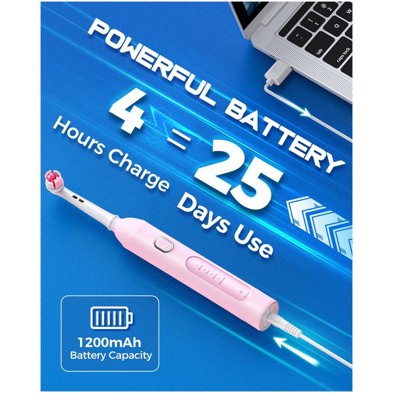 Adult Rotating Electric Toothbrush with 8 Brush Heads (2 Types), 4 Deep Cleaning Modes, Efficient Charging and Long Battery Life, Waterproof