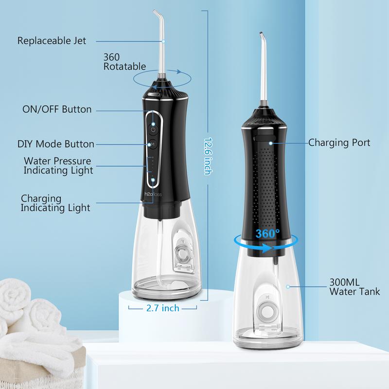 H2ofloss Water Flosser 300ML - 5 Modes, IPX7 Waterproof, Cordless Oral Irrigator P11-Black