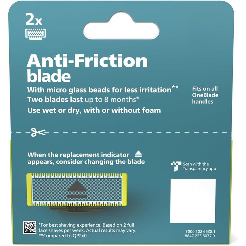 Norelco OneBlade Anti Friction Blade, Genuine Replacement Blade for OneBlade Electric Shaver and Trimmer, Durable Stainless Steel, Trim, Edge and Shave, 2 Pack, QP225 80