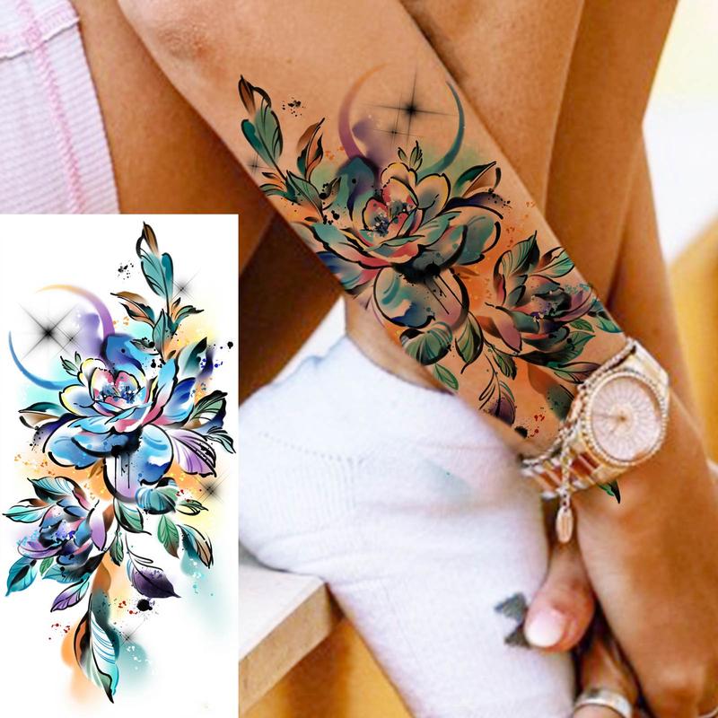 Watercolor Flower Pattern Temporary Tattoo Sticker, 1 Sheet Fake Tattoo Sticker, Body Art Tattoo Sticker for Women & Girls