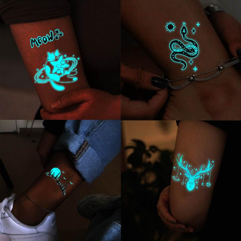 Christmas Glow in the Dark Temporary Tattoo Sticker, 12pcs set Butterfly & Snake & Moon & Deer Pattern Fake Tattoo Sticker, Body Art Decoration for Women & Men