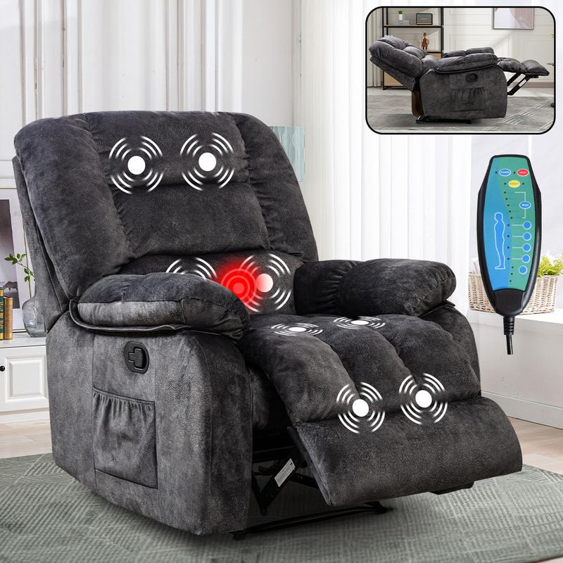 EBELLO Overstuffed Massage Recliner with Heat and Vibration, Soft Fabric Manual Reclining Chairs with Side Pocket for Living Room