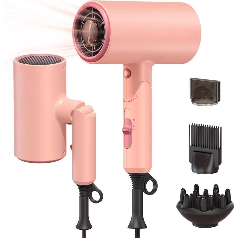 Portable Hair Dryer, 1875W Professional Ionic Hair Blow Dryer with Diffuser, Lightweight Design, Fast Drying, Low Noise, Foldable Small Hair Dryer for Home, Travel, Salon (Pink)