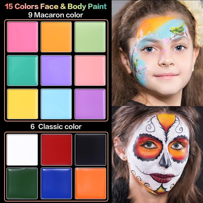 UCANBE Face and Body Paint Set, 15-Color Palette Makeup Kit with 10 Colorful Artist Brushes, Oil-Based Paint for Halloween, Cosplay, Parties, and SFX Costumes