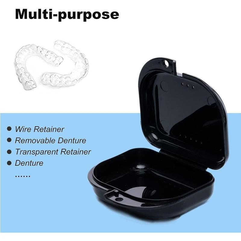 Retainer Case with Vent Holes.6 Pcs Denture Case.Tight Snap Lock Orthodontic Mouth Guard Case. Black.White.Yellow.Light Purple.Pink and Blue.Easy sto Ue Oral