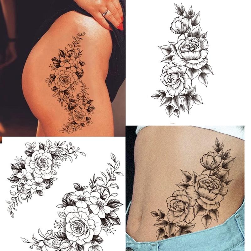 68 Sheets of Realistic Black Rose Peony Temporary Tattoos: Body Art for Women, Arm Sleeves with Snake-Inspired Floral Sketch Designs Flower Halloween