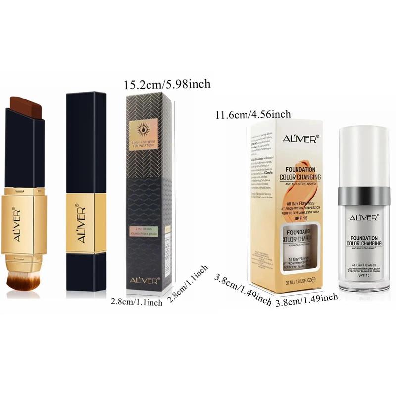 2 in 1 Concealer Stick Foundation & Liquid Foundation & Cosmetic Brush Set, 2 Counts set Long Lasting Full Coverage Flawless Makeup Set