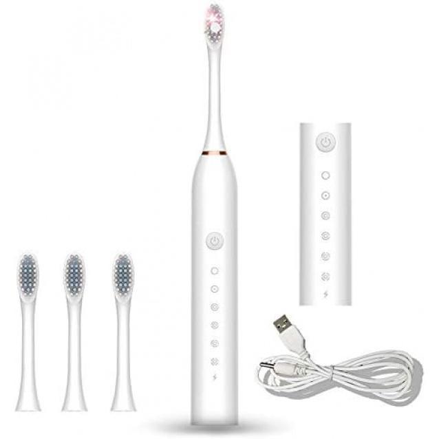 Sonic Electric Toothbrush Rechargeable Ideal for Adults Children, 6 Optional Modes IPX7 USB Fast Charging Electric Ultrasonic Toothbrush with 2 min Build in Timer & 4 Replacement Brush Heads（White）