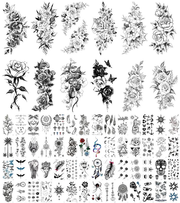 68 Sheets of Realistic Black Rose Peony Temporary Tattoos: Body Art for Women, Arm Sleeves with Snake-Inspired Floral Sketch Designs Flower Halloween