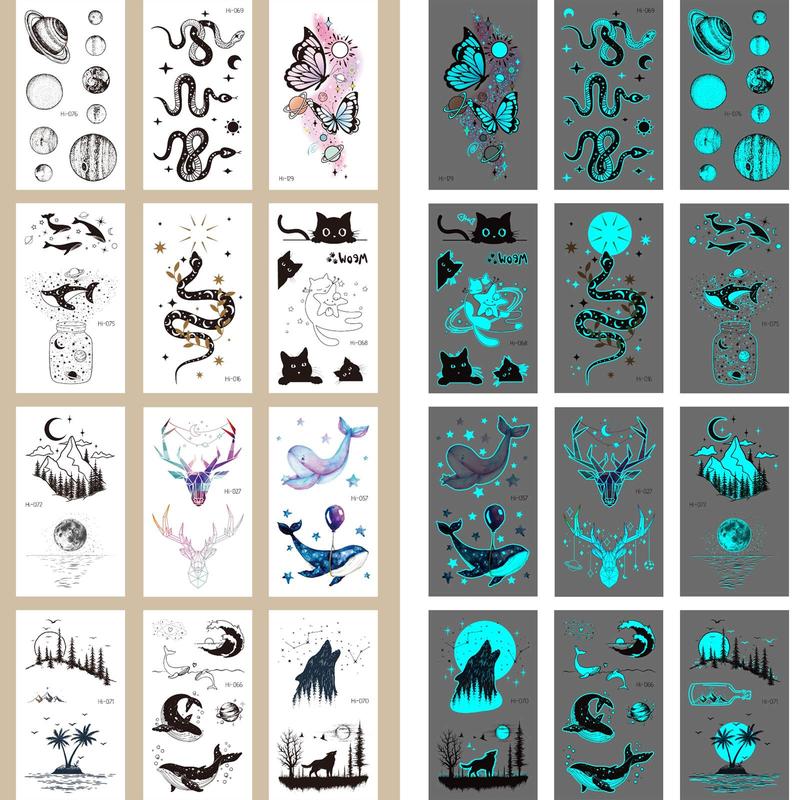 Christmas Glow in the Dark Temporary Tattoo Sticker, 12pcs set Butterfly & Snake & Moon & Deer Pattern Fake Tattoo Sticker, Body Art Decoration for Women & Men