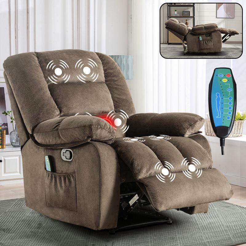 EBELLO Overstuffed Massage Recliner with Heat and Vibration, Soft Fabric Manual Reclining Chairs with Side Pocket for Living Room