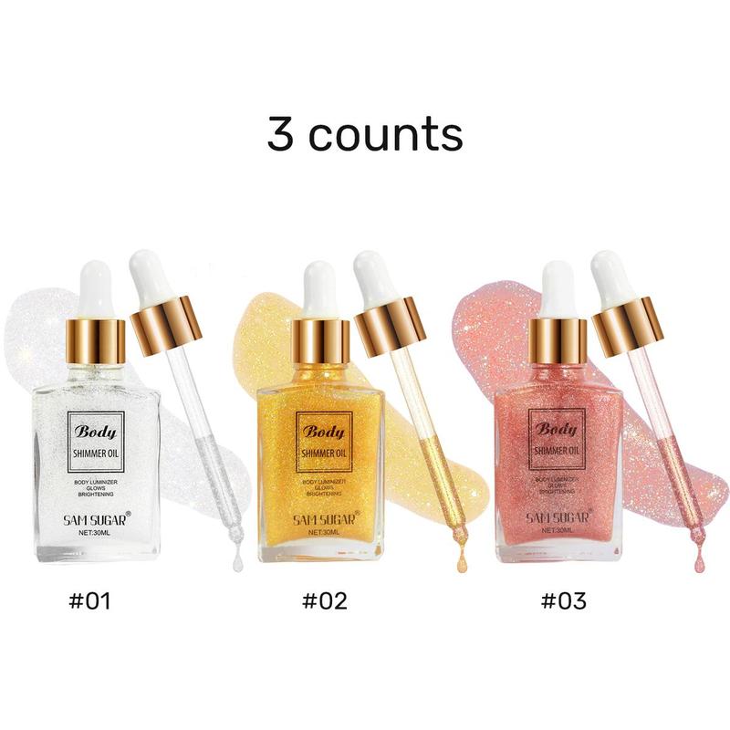 Body Glitter Oil, 3 Counts set Long Lasting Body Luminizer, Moisturizing Body Makeup, Body Makeup Product for Women & Girls