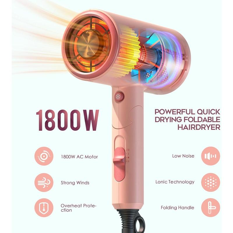 Portable Hair Dryer, 1875W Professional Ionic Hair Blow Dryer with Diffuser, Lightweight Design, Fast Drying, Low Noise, Foldable Small Hair Dryer for Home, Travel, Salon (Pink)