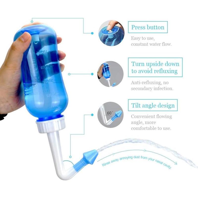 Neti Pot Sinus Irrigator, Nasal Rinse Bottle Nasal Rinse Bottle Cleaner Pressure Irrigation Neti Pot with Sticker Thermometer for Adults and Kids (300ml with 30 Neti Salt Packets, Blue) Thanksgiving, Christmas, New Year Gift