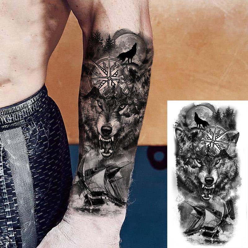 Wolf Pattern Temporary Tattoo Sticker, 8 Counts set Fake Hands Tattoo Sticker, Waterproof Body Decoration for Women & Men, Fake Tattoo, Christmas Gift