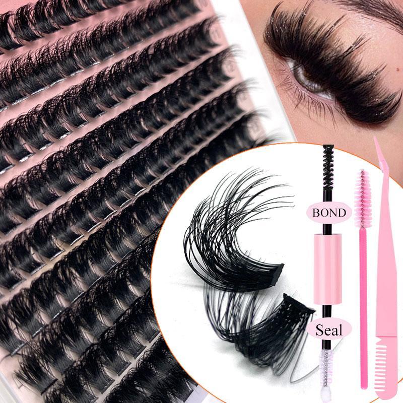 5D D Curl Thick False Eyelashes with Eyelash Extension Glue & Lashes Brush & Lashes Applicator Tool, 1 Set Mixed Length Fluffy Cluster Fake Lashes for Lashes Extensions, Eyelash Extensions Kit, Makeup Products, Fall Gift, Christmas Gift