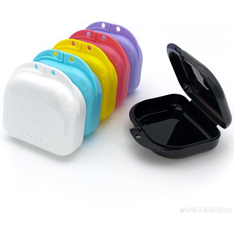 Retainer Case with Vent Holes.6 Pcs Denture Case.Tight Snap Lock Orthodontic Mouth Guard Case. Black.White.Yellow.Light Purple.Pink and Blue.Easy sto Ue Oral