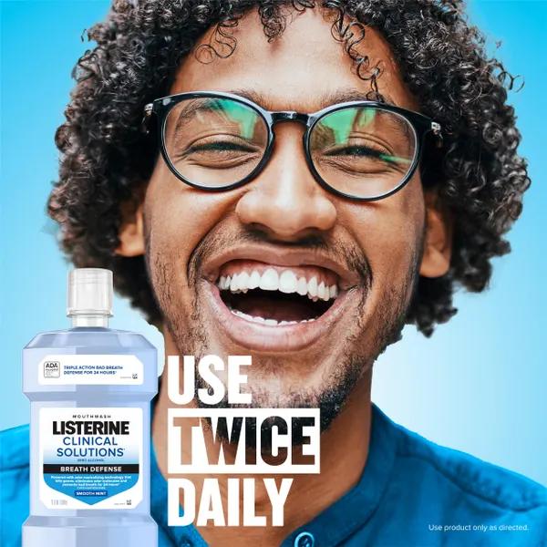 Listerine Clinical Solutions Breath Defense Alcohol-Free Mouthwash, Mild Taste Smooth Mint 1 L Oral Daily