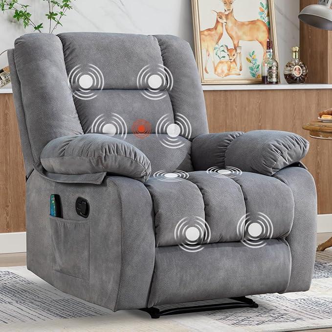 EBELLO Overstuffed Massage Recliner with Heat and Vibration, Soft Fabric Manual Reclining Chairs with Side Pocket for Living Room