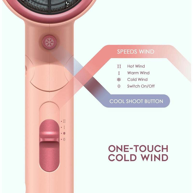 Portable Hair Dryer, 1875W Professional Ionic Hair Blow Dryer with Diffuser, Lightweight Design, Fast Drying, Low Noise, Foldable Small Hair Dryer for Home, Travel, Salon (Pink)