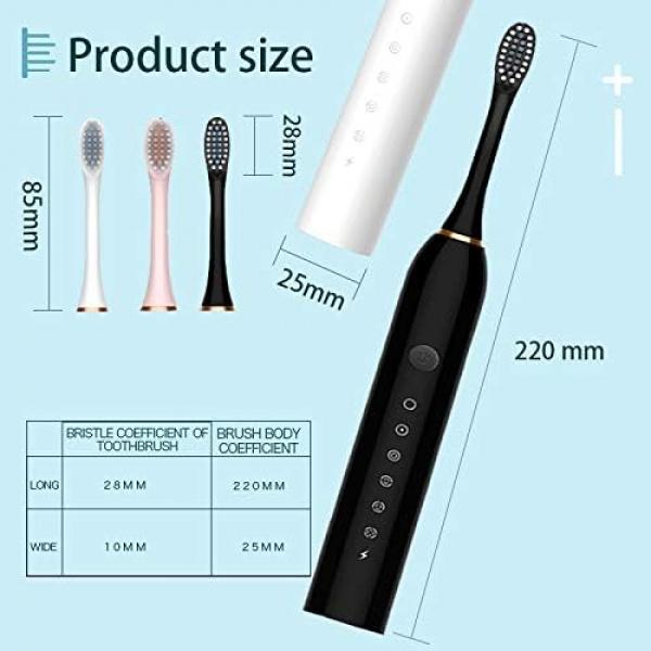 Sonic Electric Toothbrush Rechargeable Ideal for Adults Children, 6 Optional Modes IPX7 USB Fast Charging Electric Ultrasonic Toothbrush with 2 min Build in Timer & 4 Replacement Brush Heads（White）