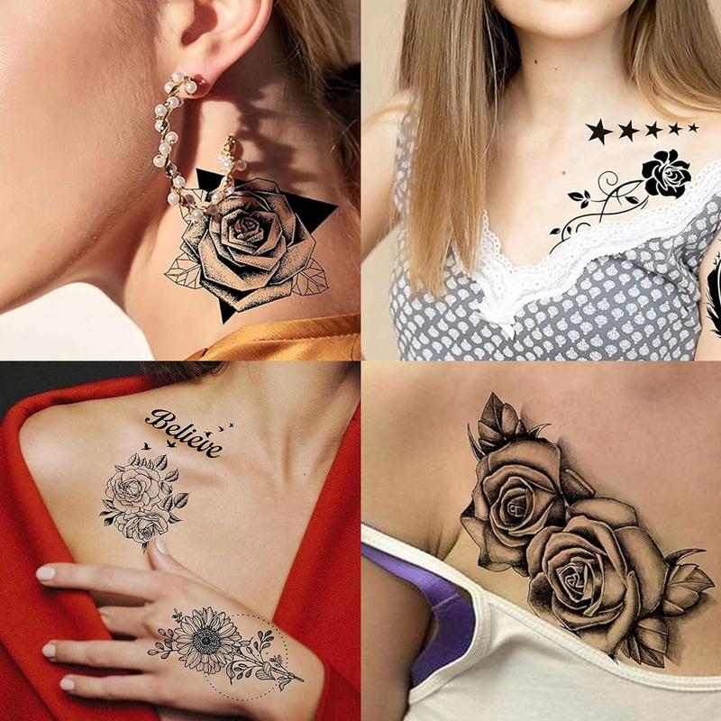 68 Sheets of Realistic Black Rose Peony Temporary Tattoos: Body Art for Women, Arm Sleeves with Snake-Inspired Floral Sketch Designs Flower Halloween